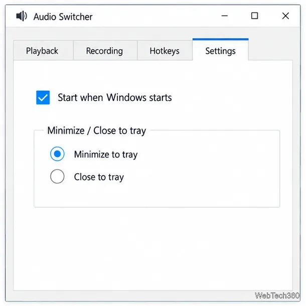 Na guia Configurações do Seletor de Áudio, a opção Iniciar ao iniciar o Windows está marcada e a opção Minimizar para a bandeja do sistema está selecionada.