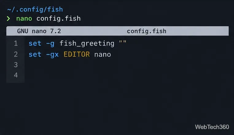 Modifica nano del file config.fish nella cartella di configurazione di Fish con un'impostazione di saluto e una variabile dell'editor esportata
