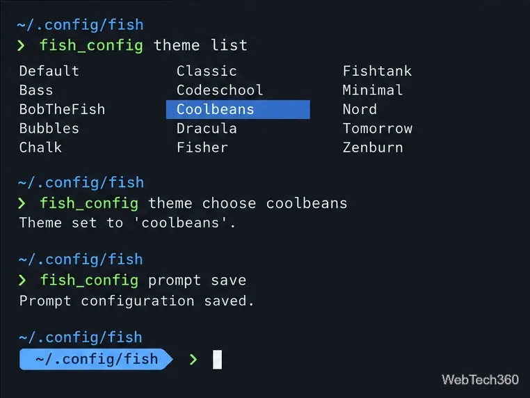 Elenco dei temi del terminale di pesca, scelta di un tema di colore e salvataggio di un prompt di esempio
