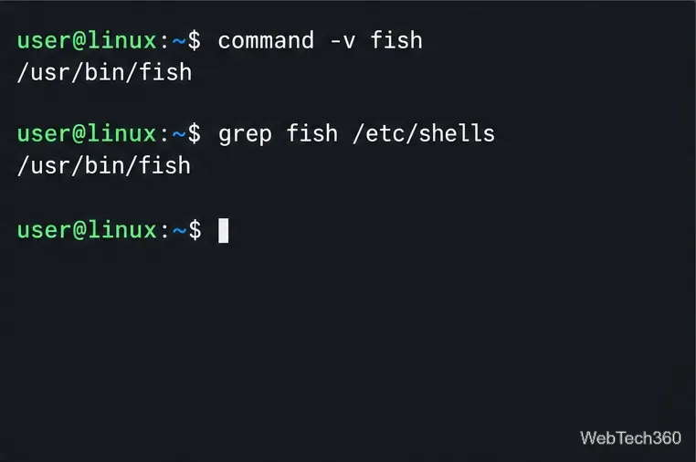 Il terminale Linux che controlla il comando -v fish e grep fish nelle shell etc mostra entrambi usr bin fish