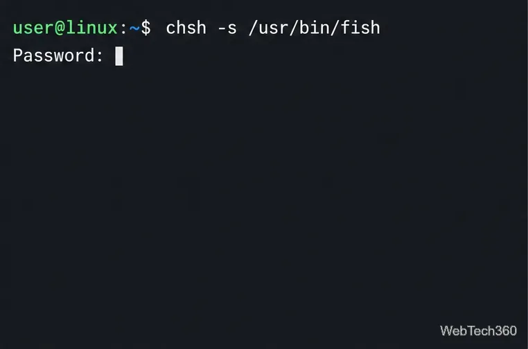 Un normale utente Linux che digita chsh con il percorso completo di fish e riceve una richiesta di password