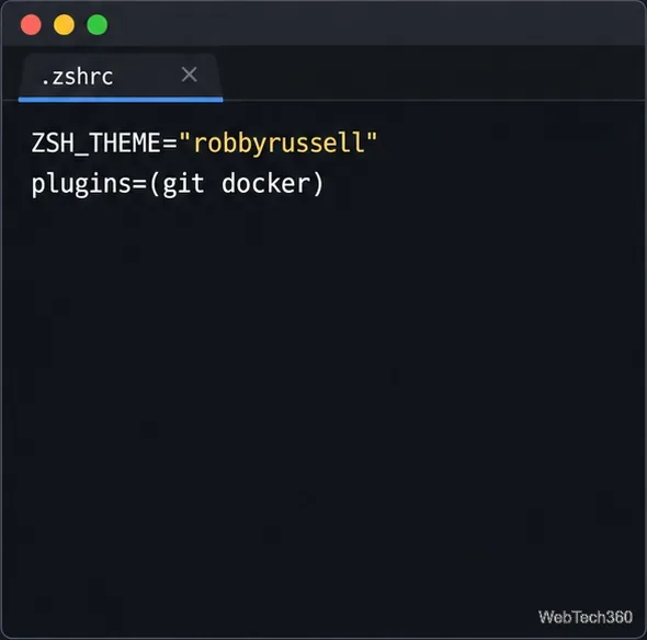 إعدادات Oh My Zsh تعرض سمة robbyrussell ومكونات git وdocker الإضافية