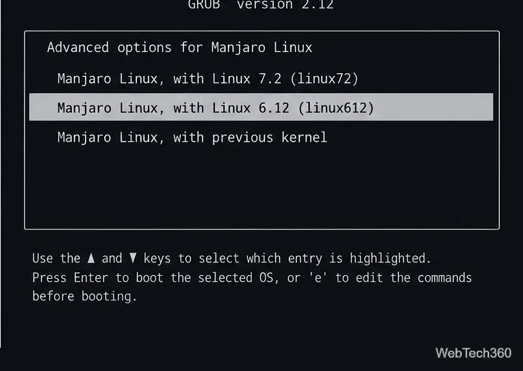 GRUB Advanced options for Manjaro Linux with an alternate kernel selected
