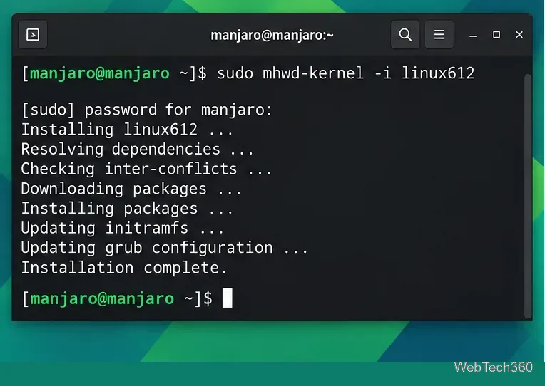Manjaro terminal installing the linux612 kernel with mhwd-kernel