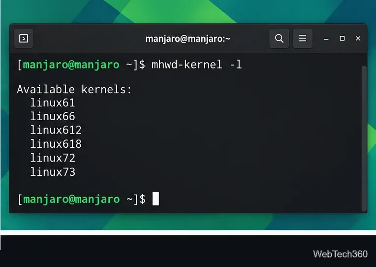 Manjaro terminal showing the mhwd-kernel -l command and available kernel series