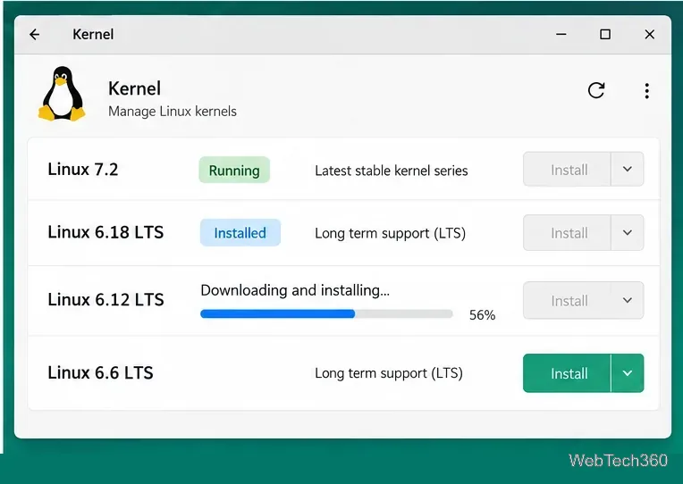 Manjaro kernel manager showing an LTS kernel installation in progress