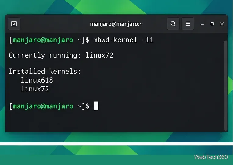 Manjaro terminal showing the mhwd-kernel -li command and installed kernel series