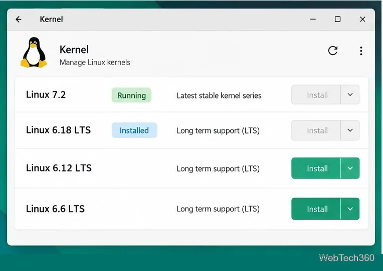 Manjaro kernel manager showing running, installed, LTS, and installable kernel entries