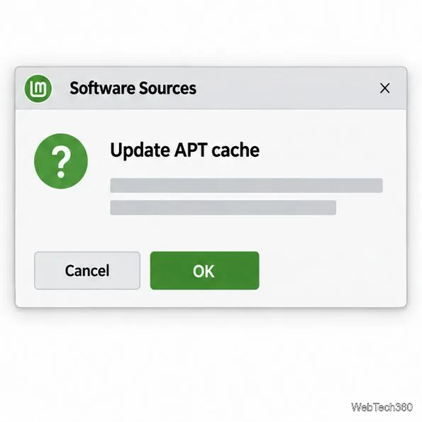 Software Sources confirmation dialog asking to update the APT cache, with OK and Cancel buttons