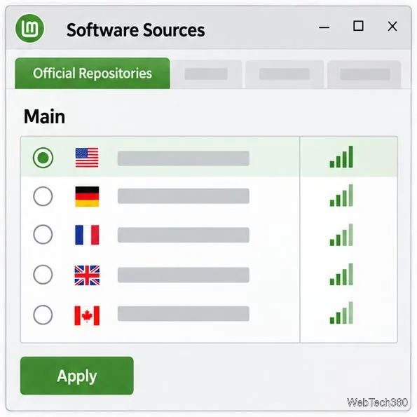 Main repository mirror chooser in Software Sources with server rows, speed indicators, and Apply button