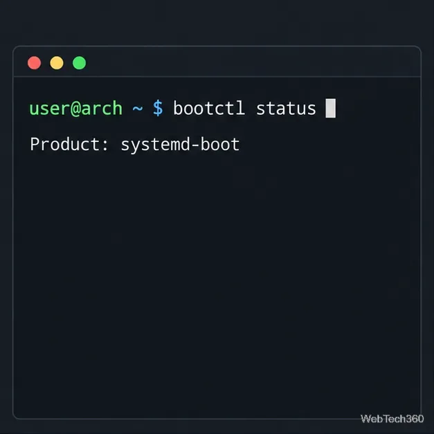 Arch Linux terminal showing bootctl status and systemd-boot as the active product