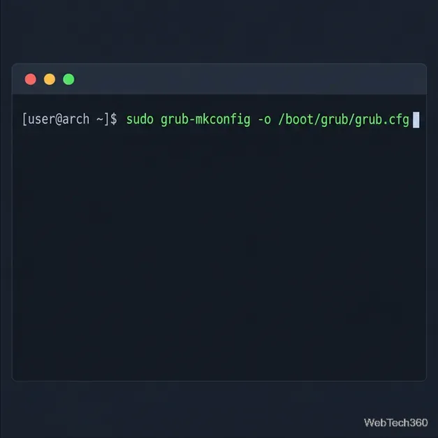 Arch terminal showing sudo grub-mkconfig -o /boot/grub/grub.cfg