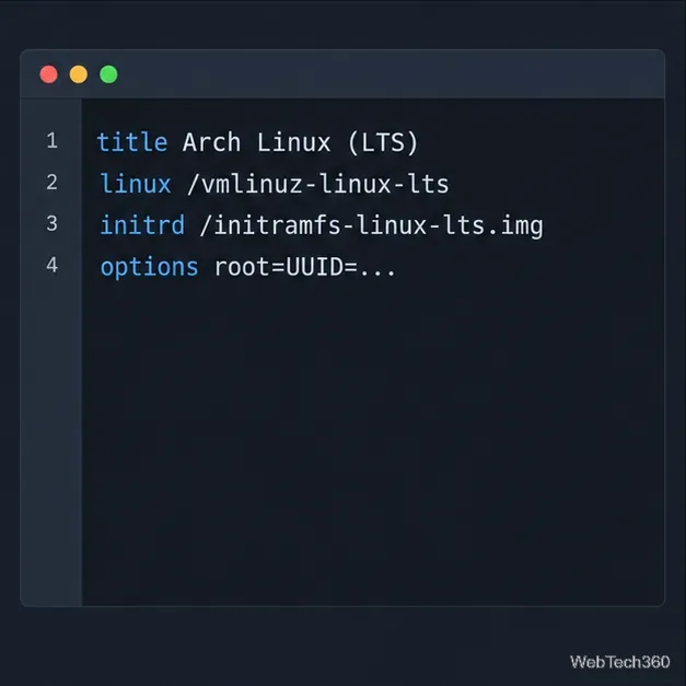 systemd-boot entry editor with Arch Linux LTS title, LTS kernel and initramfs paths, and a placeholder for the existing options line