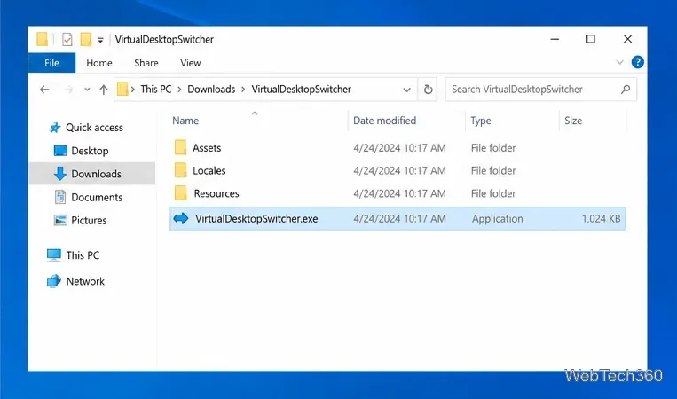 L'explorateur de fichiers affiche VirtualDesktopSwitcher.exe sélectionné dans un dossier d'application extrait.