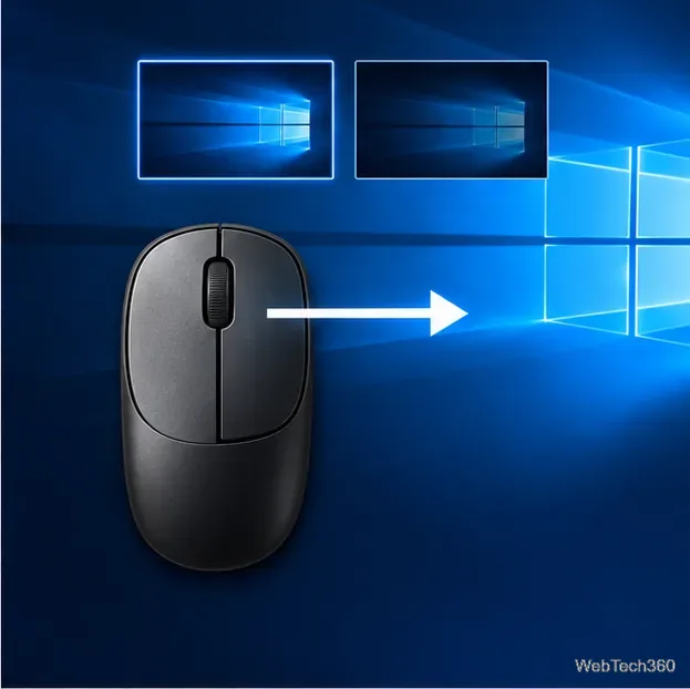 Un mouse de computer lângă miniaturi de desktop virtual cu o săgeată orizontală îndreptată spre dreapta.