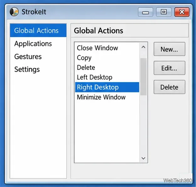 Lista Acțiuni globale StrokeIt cu acțiunea din dreapta desktopului selectată.