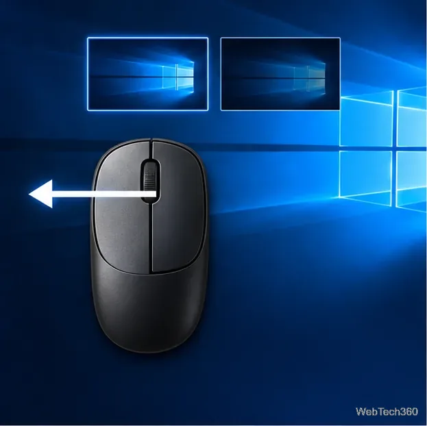 Un mouse de computer lângă miniaturi de desktop virtual cu o săgeată orizontală îndreptată spre stânga.