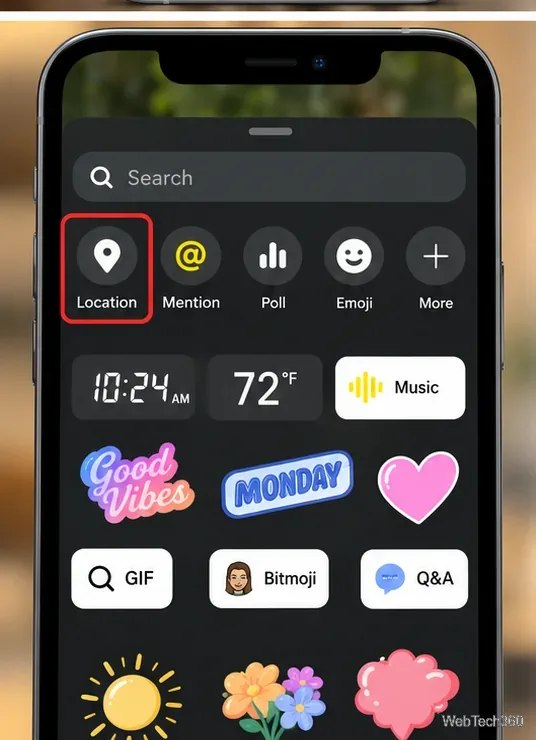 Snapchatのステッカー選択パネルで、位置情報ステッカーの入力項目がハイライト表示されます。