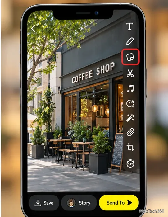 右側にステッカーツールがハイライト表示されたスナップ編集画面