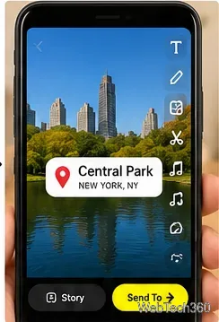 Snapエディターで写真の上にセントラルパークを示す位置情報ステッカーを重ねる