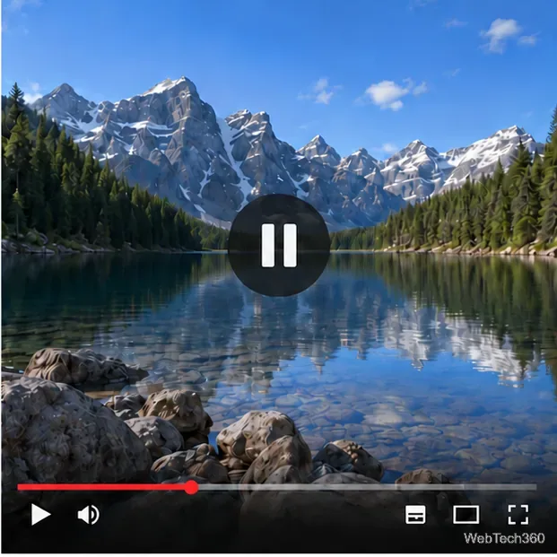 Um reprodutor de vídeo pausado com uma barra de busca e controles de reprodução visíveis enquanto se seleciona um quadro específico.