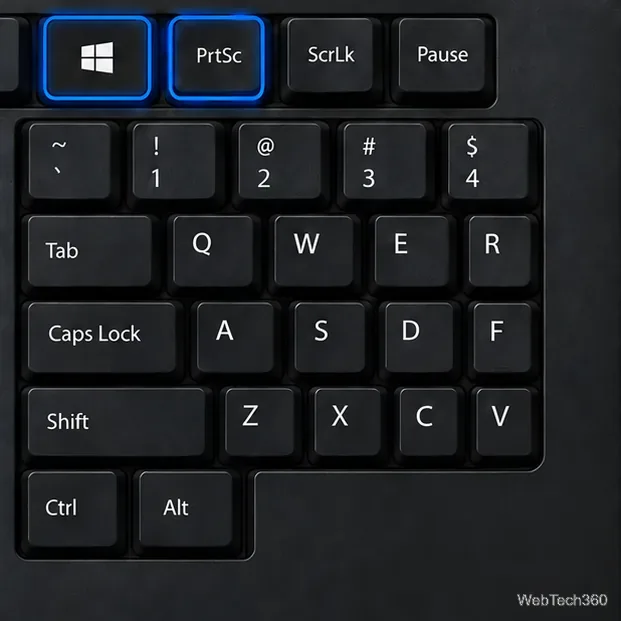 Um teclado de PC com a tecla do logotipo do Windows e a tecla PrtSc destacadas, e espaço livre no canto inferior direito.