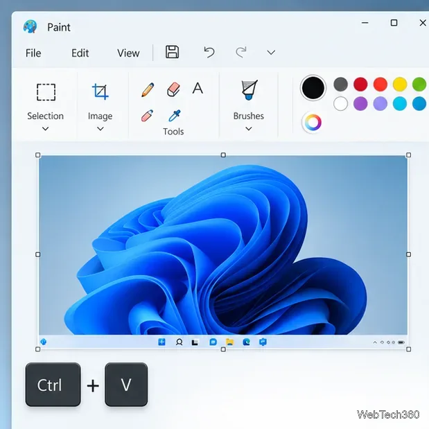 Fenêtre Paint avec une capture d'écran collée sur le canevas et touches Ctrl + V affichées ci-dessous