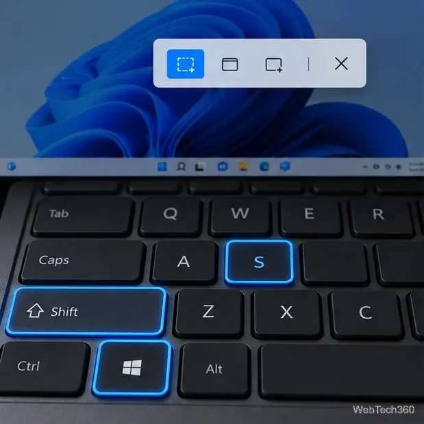 Les touches Windows, Maj et S sont mises en évidence à côté de l'interface de l'outil Capture d'écran.