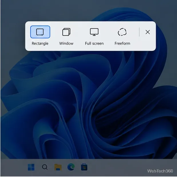 Barre d'outils Capture d'écran avec modes rectangle, fenêtre, plein écran et forme libre