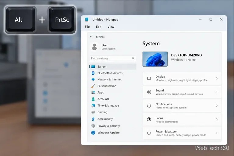 目前選取的 Windows 應用程式視窗旁邊是 Alt 和 PrtSc 鍵帽。