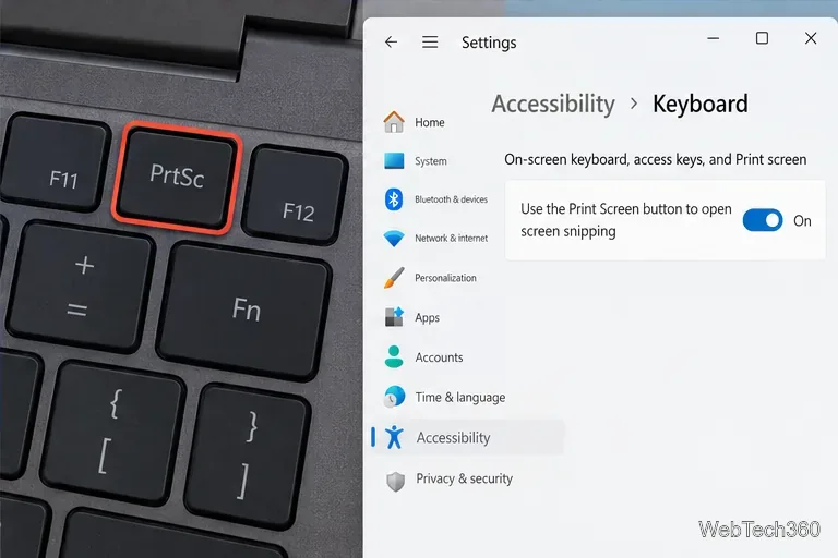 筆記型電腦鍵盤上，PrtSc 鍵位於 Windows 鍵盤輔助功能設定旁邊，用於螢幕截圖。