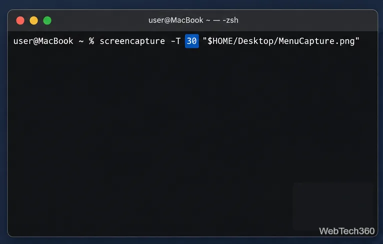 A Terminal command with the 30-second delay value selected in screencapture -T 30.