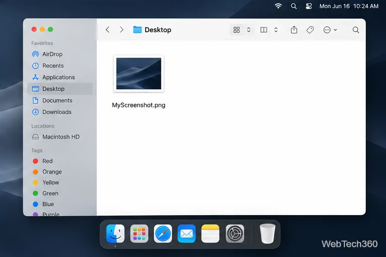 A Finder window open to Desktop with MyScreenshot.png visible.
