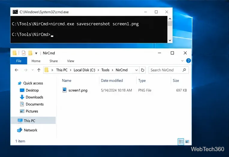 Linia de comandă rulează nircmd.exe savescreenshot screen1.png și File Explorer afișează screen1.png lângă nircmd.exe
