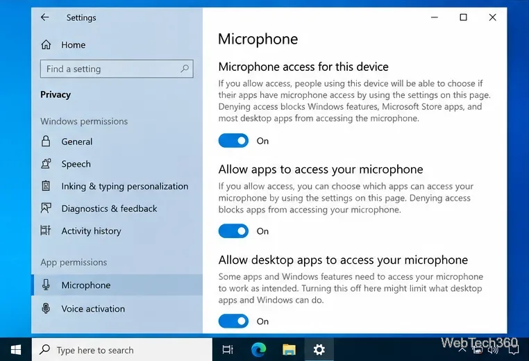 Windows 10 Privacy settings showing microphone access, app access, and desktop app microphone access enabled