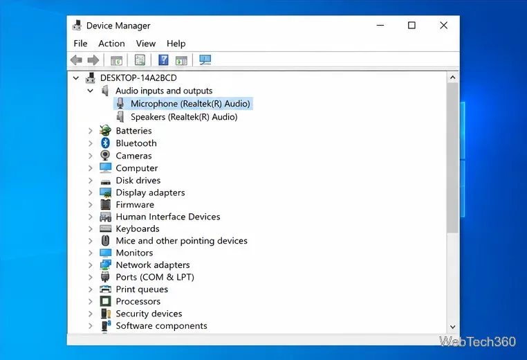 Windows 10 Device Manager showing a microphone under Audio inputs and outputs