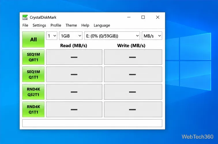 A grade de resultados do CrystalDiskMark separa as colunas de leitura e gravação para testes sequenciais e aleatórios; as células de resultado estão em branco.
