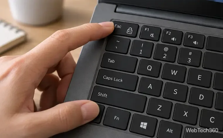 Una mano che preme contemporaneamente i tasti Fn ed Esc sulla tastiera di un computer portatile.