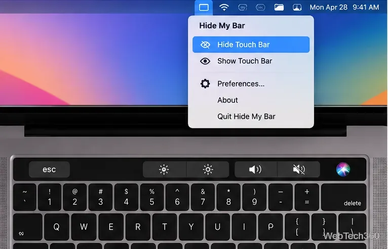 Das Menü „Meine Leiste ausblenden“ auf macOS befindet sich oberhalb der MacBook Pro-Tastatur und der Touch Bar.