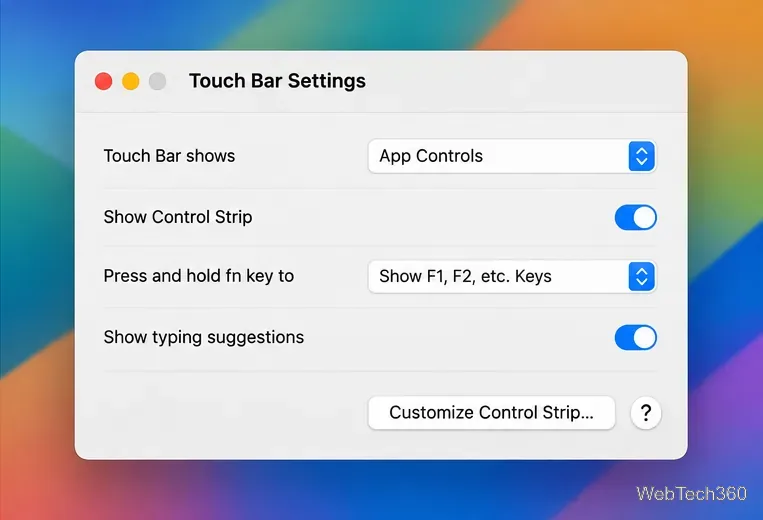 Das Bedienfeld für die Touch Bar zeigt die App-Steuerung, die Option „Steuerungsleiste anzeigen“, das Verhalten der Fn-Taste und Eingabevorschläge an.