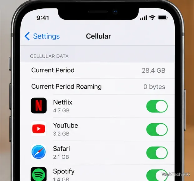 Réglages cellulaires de l'iPhone affichant une entrée Netflix avec un exemple de consommation en gigaoctets et l'activation/désactivation des données cellulaires
