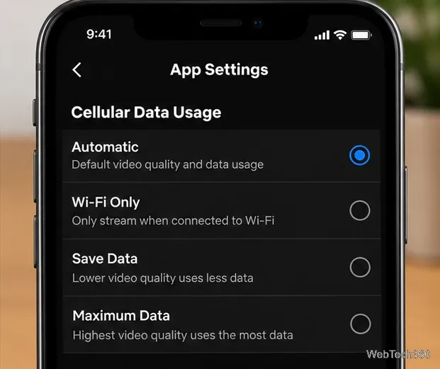 L'écran des paramètres de l'application Netflix affiche les options Automatique, Wi-Fi uniquement, Économie de données et Données maximales pour la lecture cellulaire.