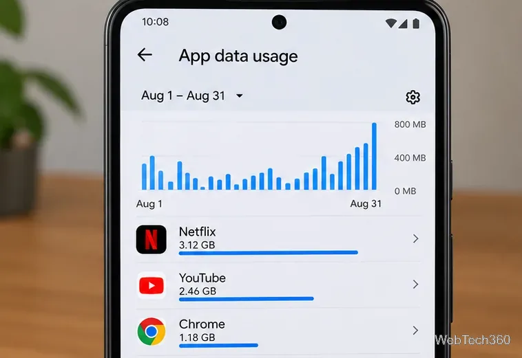 Écran d'utilisation des données des applications Android avec un graphique mensuel et une entrée Netflix au-dessus des autres applications