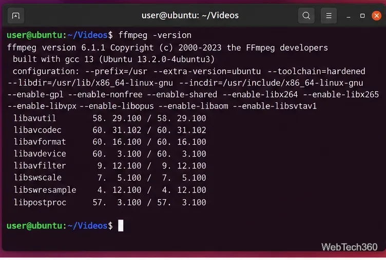 Ubuntu terminal showing FFmpeg version and build information