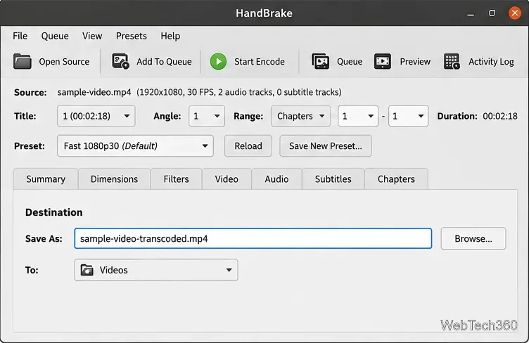 HandBrake destination fields with an MP4 output filename and Videos folder selected