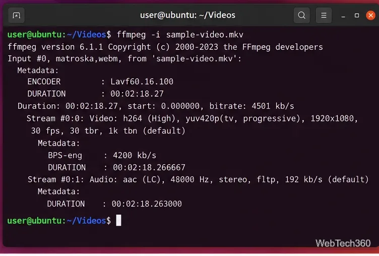 Linux terminal showing FFmpeg input details for an MKV video with H.264 video and AAC audio