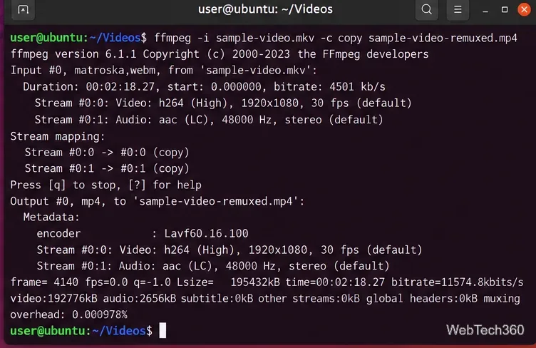 Linux terminal using FFmpeg stream copy to remux an MKV file into MP4