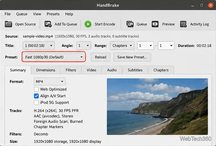 HandBrake preset menu showing Fast 1080p30 with an MP4 source preview