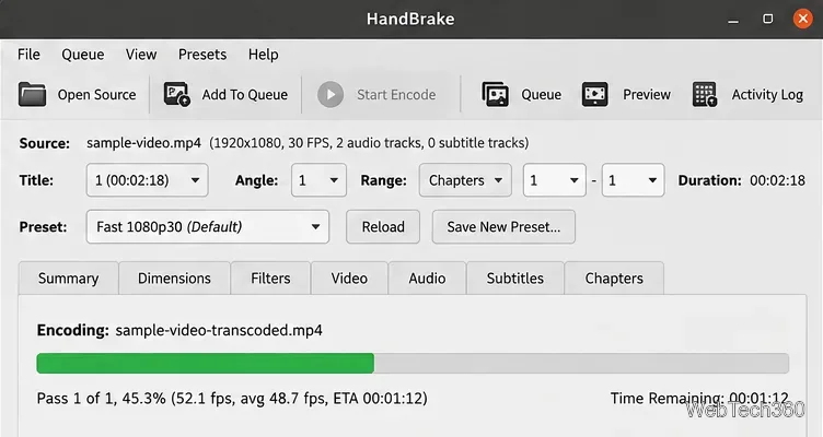 HandBrake encoding progress bar showing an MP4 conversion in progress