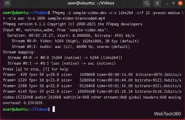 Linux terminal running an FFmpeg H.264 and AAC transcode command with progress output